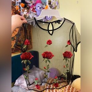 See thru rose print crop top